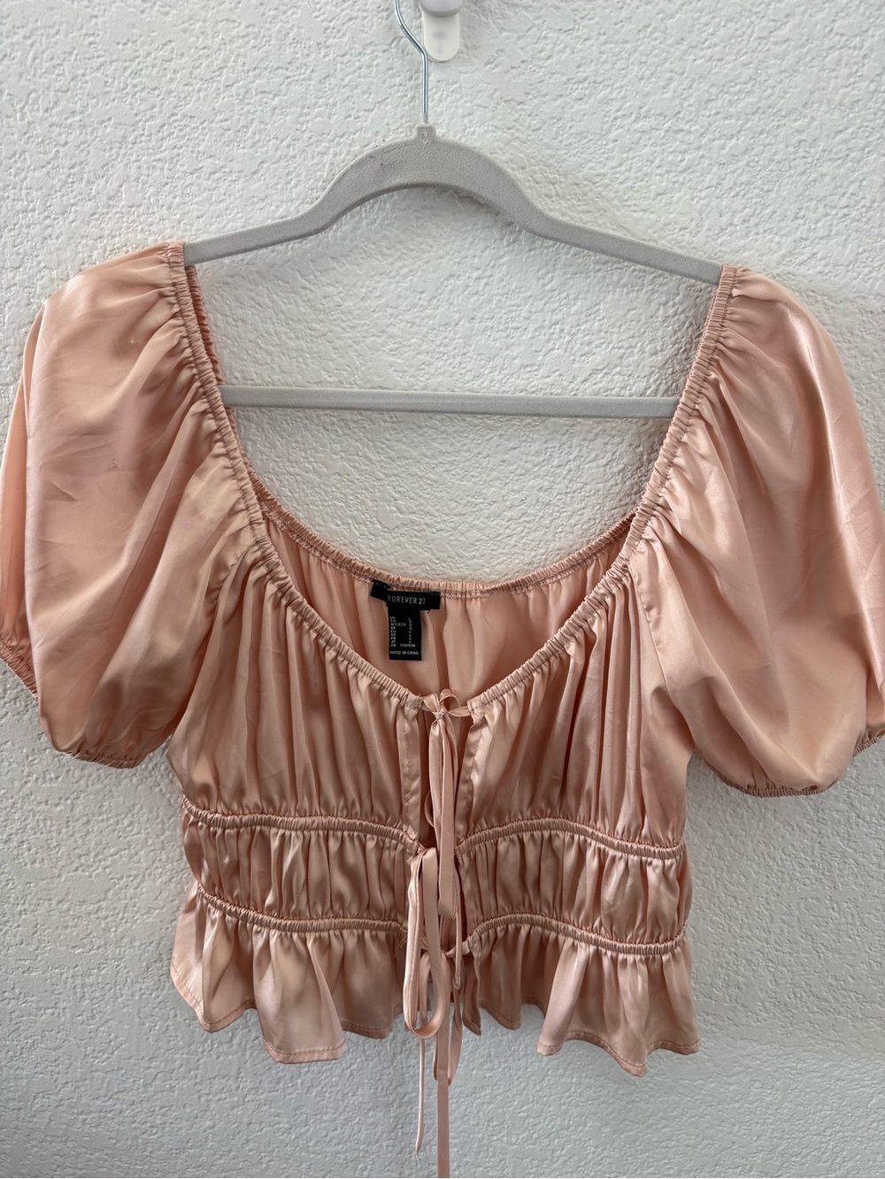 Forever 21 Blush Pink Satin Ruched Peplum Top Size L